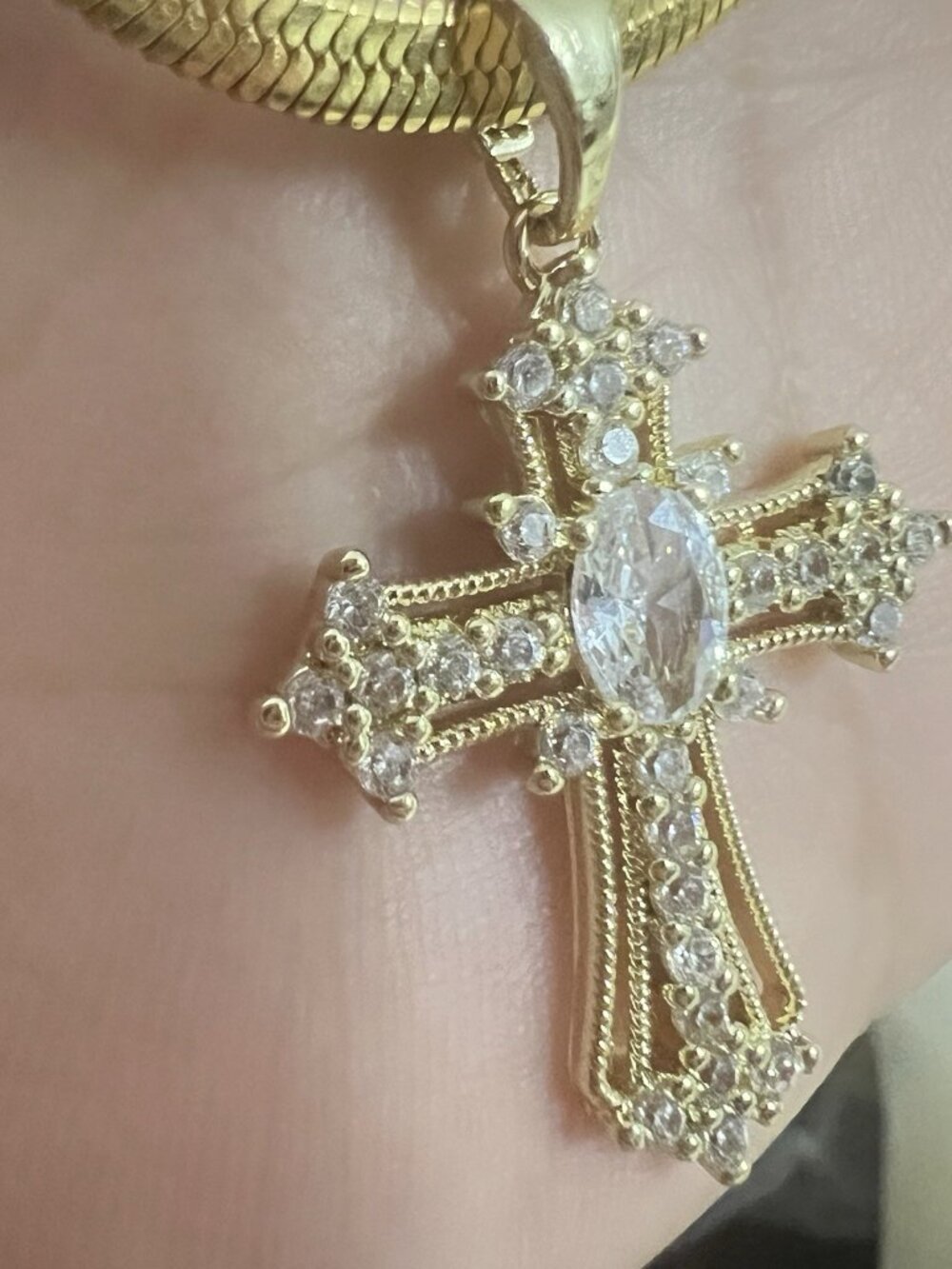 18K Gold Plated Stainless Steel Cross Necklace Herringbone Chain 16"+2" - Picture 6 of 7